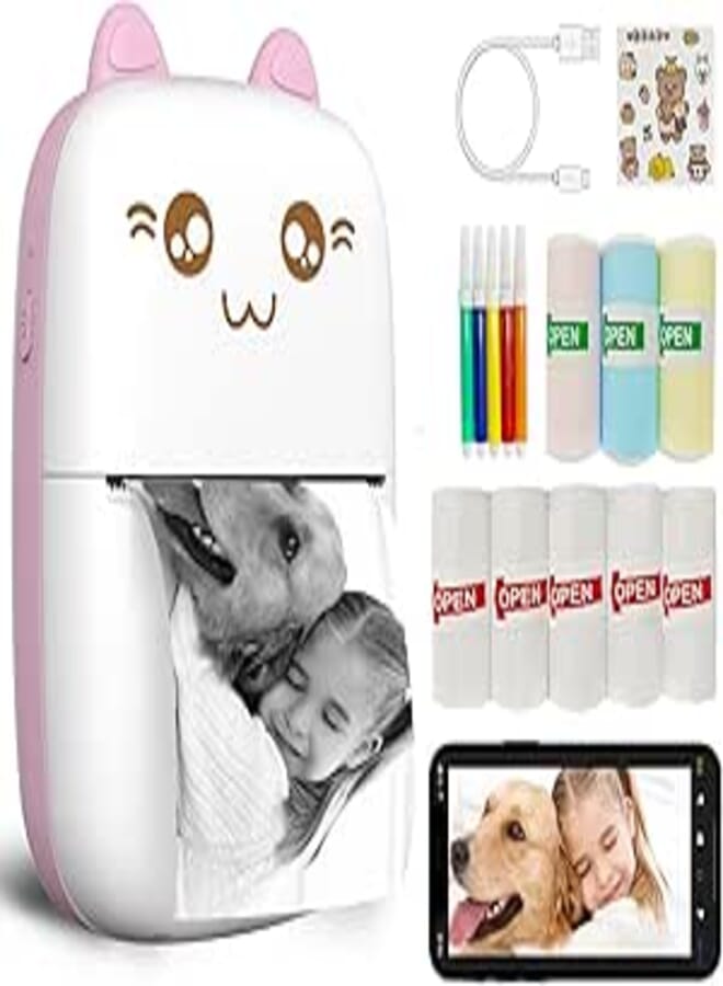 Mini Printer Portable, Inkless Sticker printer, Bluetooth Wireless mini thermal printer Compatible with iOS + Android for Journal, Memo, Photo, Print Pod Gifts for Girls Kids (Pink)